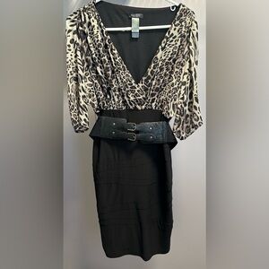 BISOU BISOU MICHELE BOHBOT size 10 Animal Print Dress with Double Buckle Belt